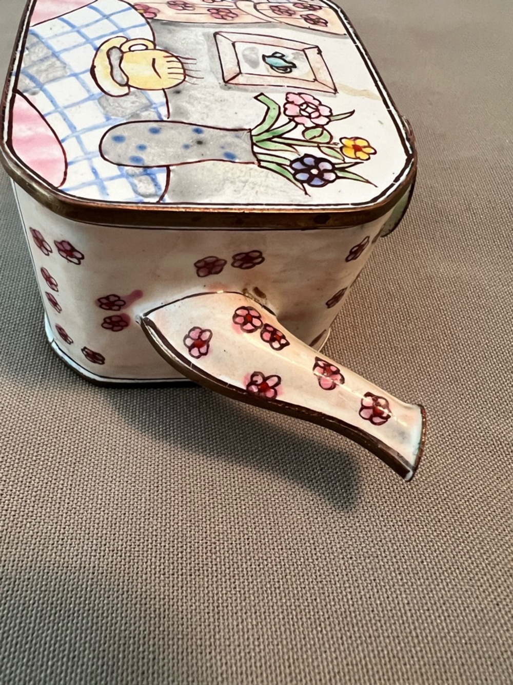 Enameled Miniature Teapot Collectible in Cream with Kitchen Floral Design - Picture 8 of 8